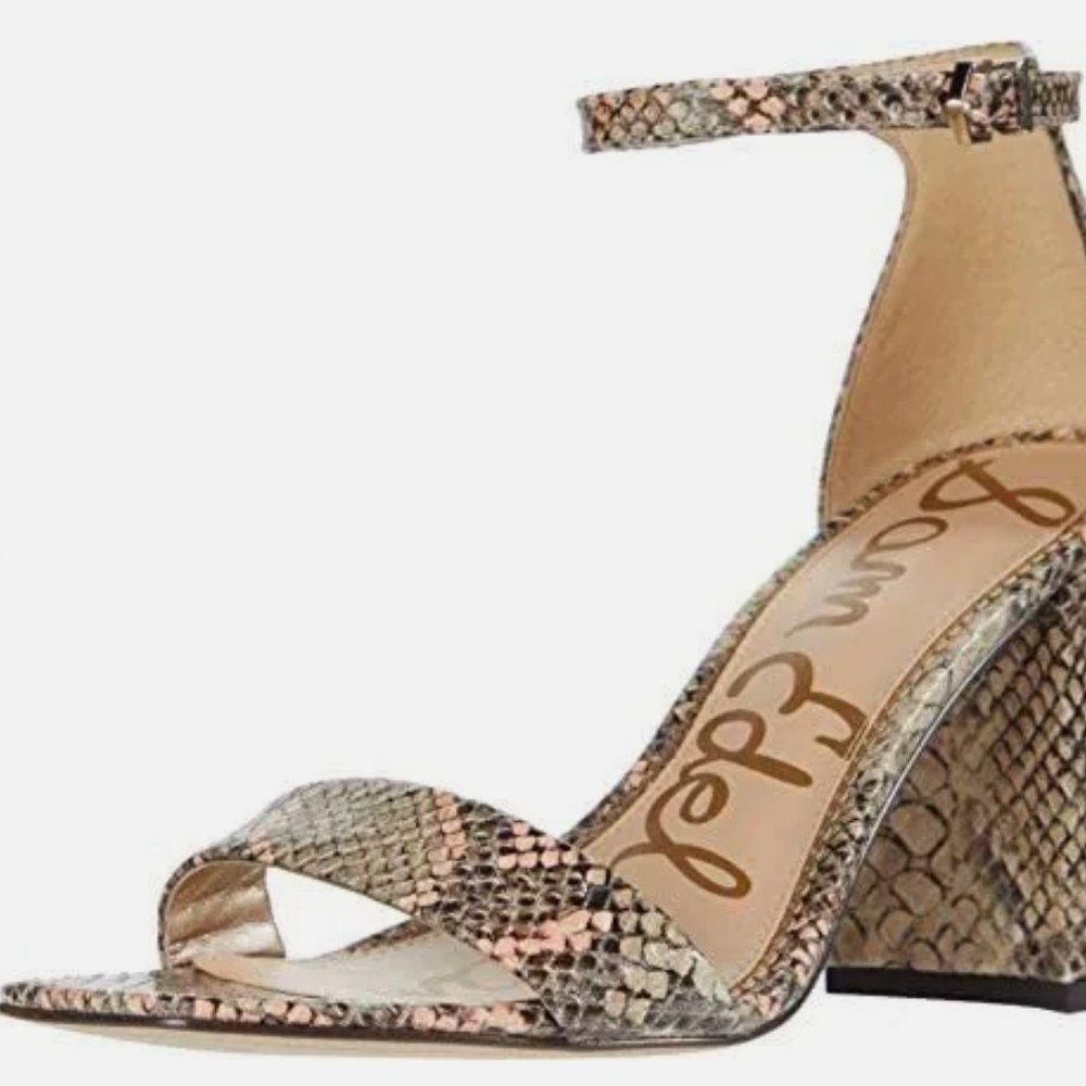 Sam Edelman Daniella Peach Snake Printed Ankle Strap Block Heeled Dress Sandal